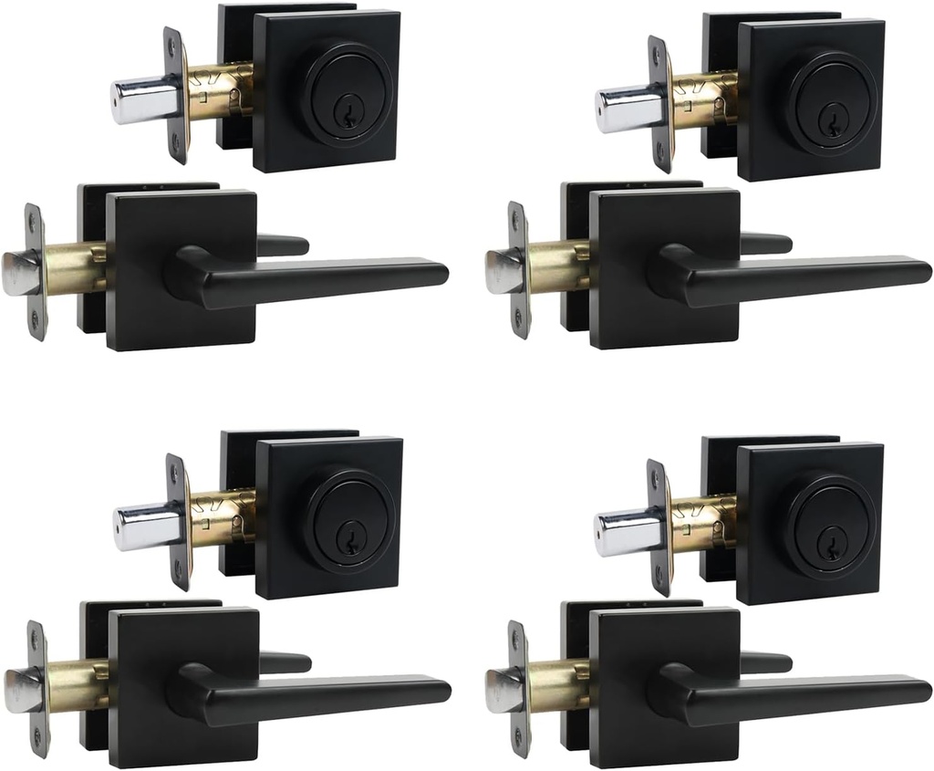 Black Front Door Handle and Deadbolt Set,Door Handles Interior，Front Door Lock Set，Door Locks For Front Door,Dead bolt and Door Handle Set, Square Heavy Duty Exterior Door Knob with Deadbolt,4pack