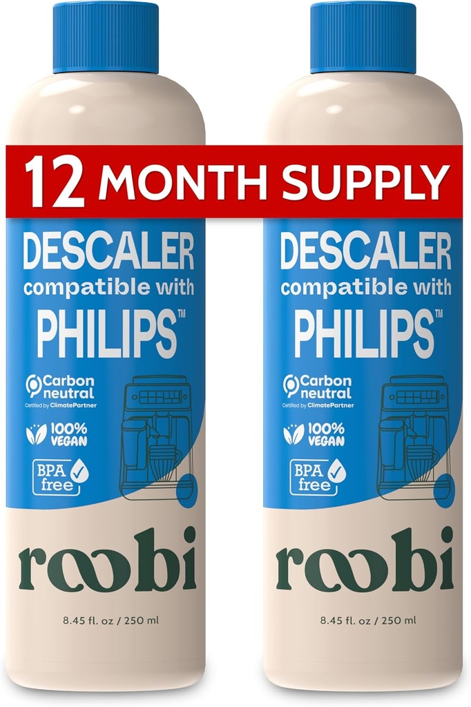 Roobi Philips Compatible Descaling Solution & Cleaner. Specially Formulated for Philips Espresso Machines. Carbon Neutral Descaler Kit. 2 Uses per Bottle, 2 Pack