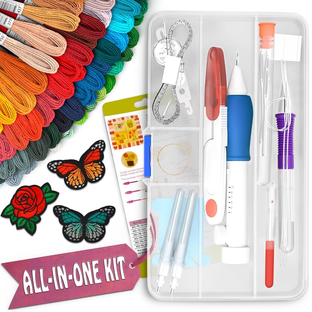 137-Piece Embroidery Kit Embroidery Floss – 100-Color Punch Needle Kit with Scissors & Cross Stitch Tools, 7" x 3.94" Case Included – for Hand Sewing, Gift Making & DIY Creative Needlework Projects