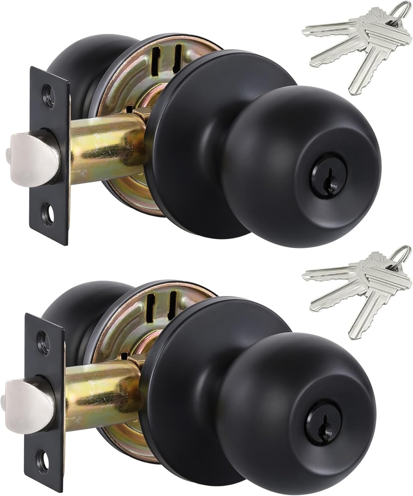 Lanwandeng 2 Pack Entry Door Knobs with Lock and Keys All Alike, Interior/Exterior Door Knob for Bedroom or Bathroom, Entrance Matte Black Door Locks