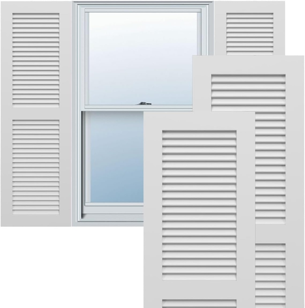 18"W x 52"H True Fit PVC Two Equal Louver Shutters, White (Per Pair - Hardware Not Included)