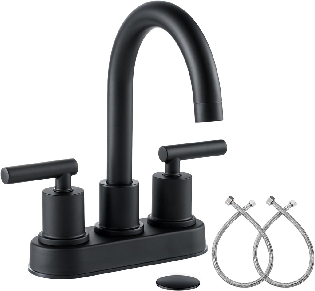 VXV Bathroom Sink Faucet 4 Inch 2 Handle Centerset Utility Lavatory Vanity Modern 360 Rotating Black Water Faucet with Pop-up Drain Stopper Assembly and Supply Lines Fits 2 Hole