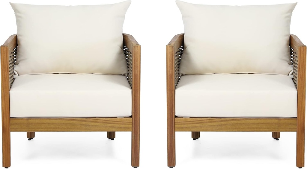 Christopher Knight Home Burchett Outdoor Acacia Wood Club Chairs with Cushions, Beige, Brown