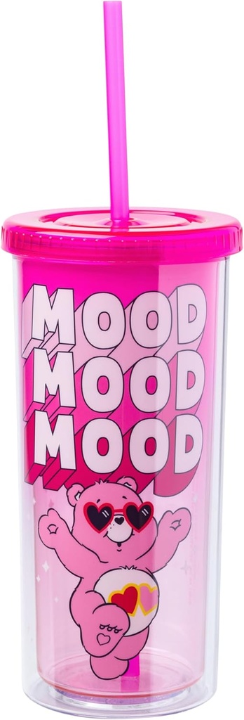 Silver Buffalo Care Bears Mood Plastic Tall Cold Cup with Lid and Straw Featuring Love-A-Lot Bear, 20 Ounces