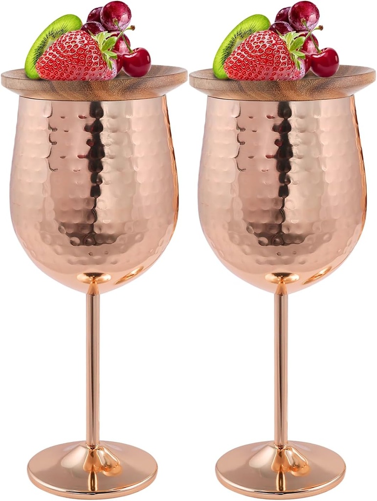 Stainless Steel Rose Gold Wine Glasses with Charcuterie Toppers -2PCS Goblets Rose Gold Wine Glass Set with 2 Wooden Coasters - Wine Glass Gift Set - Unbreakable Wine Glasses - Copper