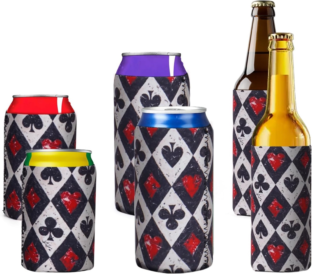 6 Pcs Retro Can Cooler Sleeves for 12&16 oz Bottles&Can Koozies for Beer&Soda Pop Casino Night Drink Insulators Playing Cards Party Decorations for Poker Nights, Game Tables&Club Gatherings