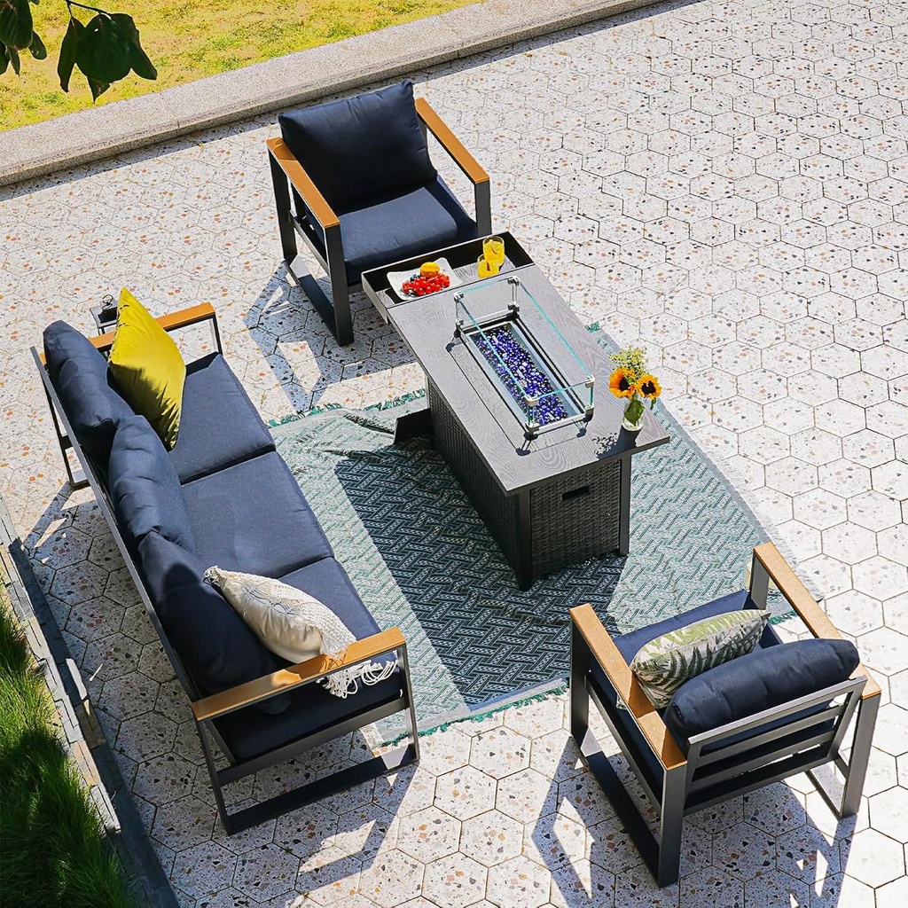 Sundale Outdoor Patio Furniture Set with Fire Pit, 4 Piece Aluminum Outdoor Furniture with 6 inch Cushion, Metal Patio Sectional Conversation Sets for Deck, Backyard, Porch (5 Seats, Navy Blue)