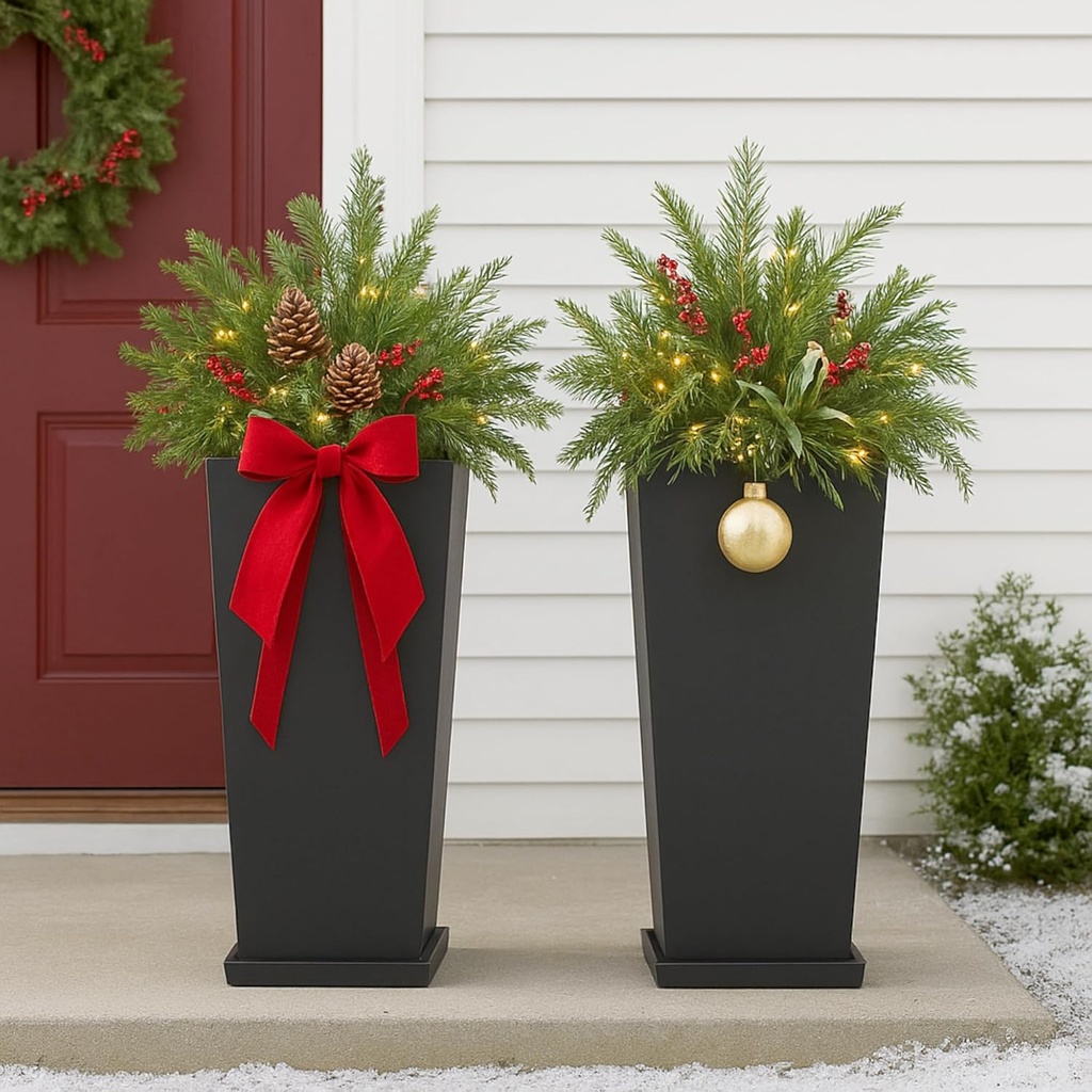 FENCY Set of 2 Tall Planters for Outdoor Plants, 24 Inch Large Tapered Pots with Drainage Trays, Weather-Resistant Plastic Plant Containers for Patio, Porch, Garden, Front Door Decor,Black