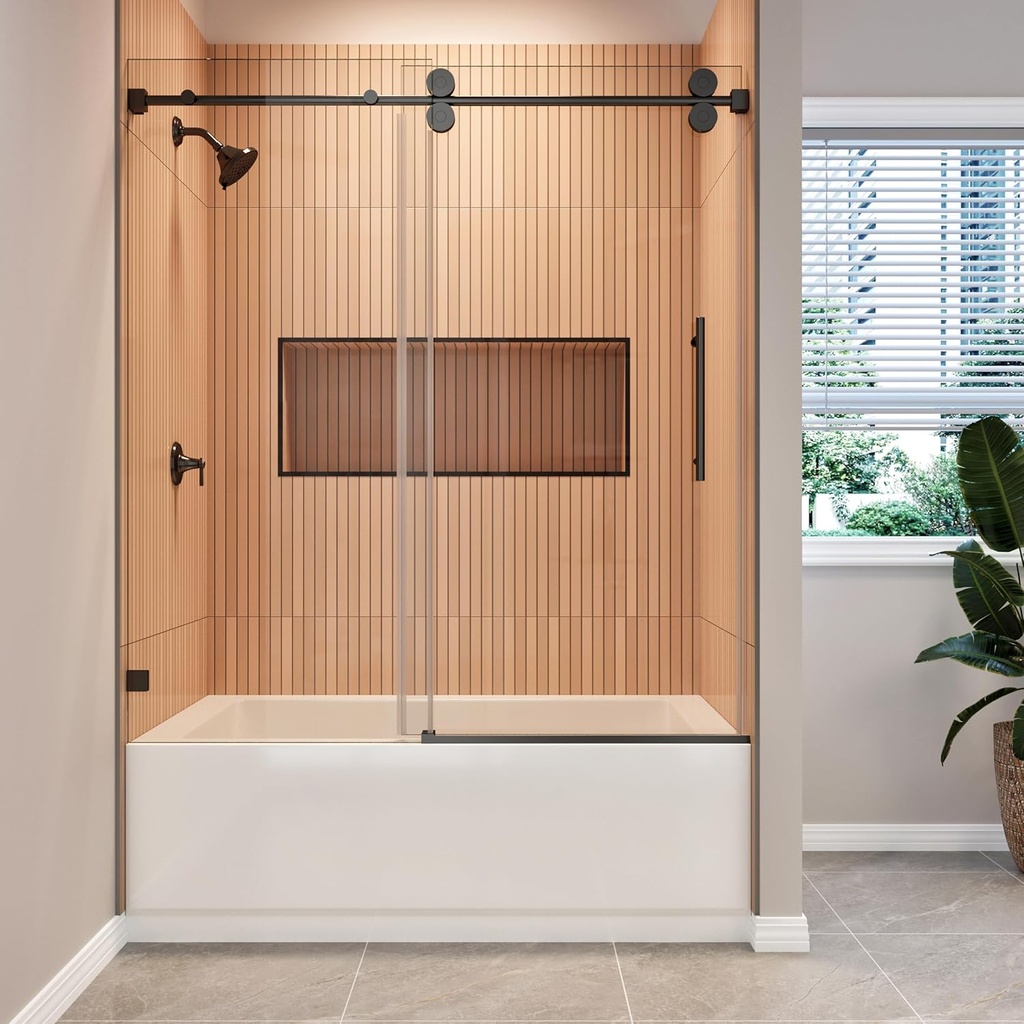 AHNDL Bathtub Shower Door 57"-61" W x 60" H Frameless Tub Glass Shower Door Sliding Doors with 3/8" (10mm) Clear Tempered Glass and Stainless Steel Handle for Bathroom (Black, 60"*60")
