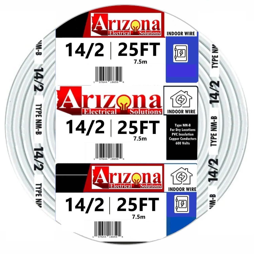 25 Feet 14/2 Type NM-B Copper. #14 AWG, 2 Conductors with Ground. Insulated Jacket White
