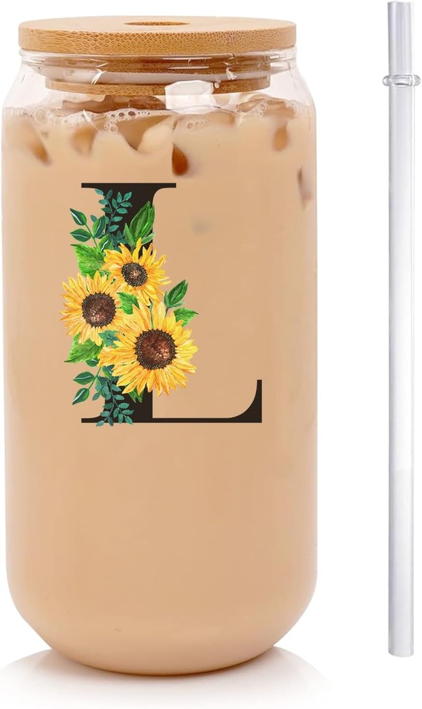 Initial Glass Cups Sunflower with Bamboo Lids and Straws,16oz Iced Coffee Mug Tumbler,Monogrammed Birthday Gifts Mother's Day Sunflower Gifts for Women,Mom,Friend,Sister