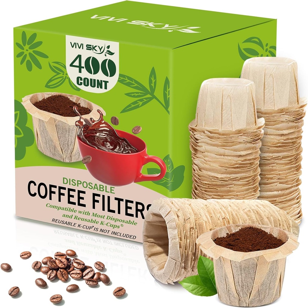 VIVI SKY Disposable K Cup Coffee Filters,400 Count Coffee Filter Paper Filters for Keurg Brewers Single Serve 1.0 and 2.0, Use with Reusable K Cup Coffee Pods (400, Unbleached)