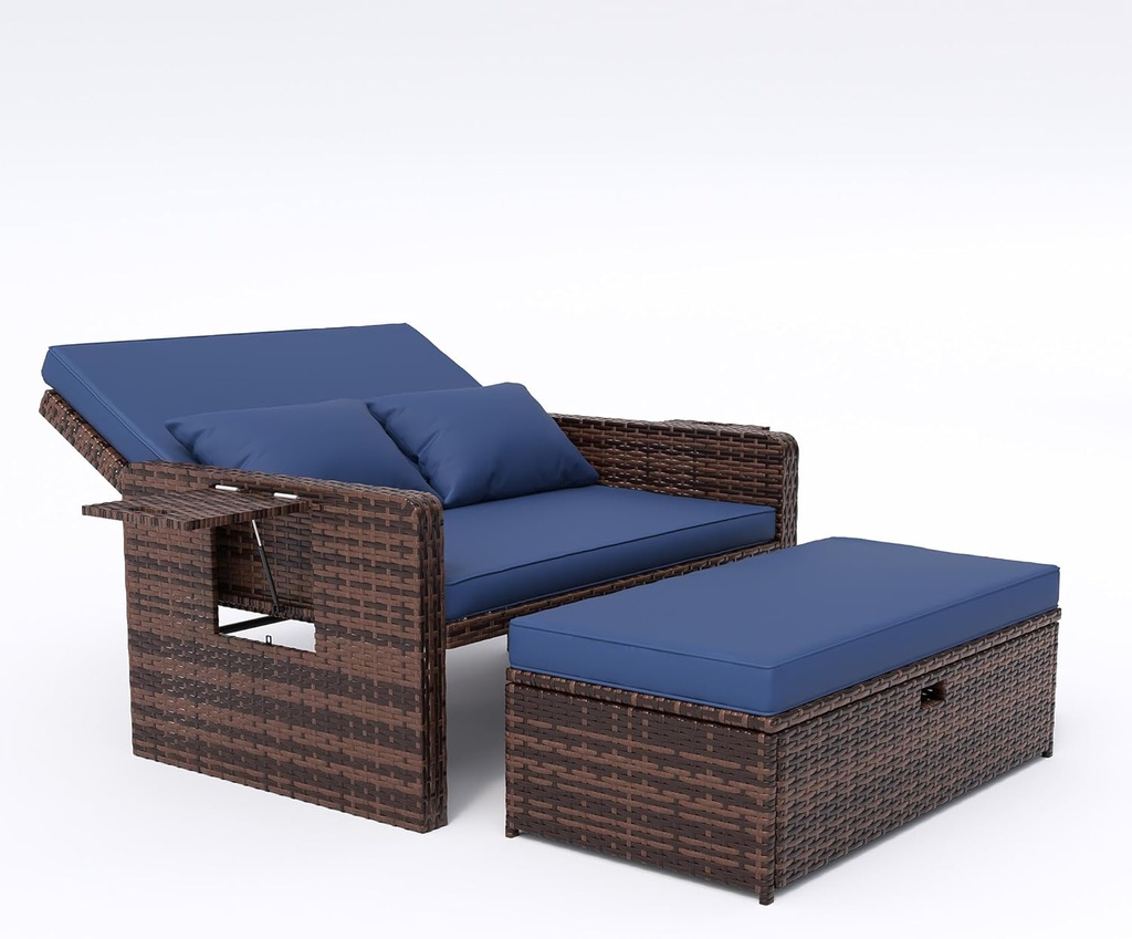 Amopatio Wicker Outdoor Daybed - Outdoor Loveseat with Storage Ottoman,4-Level Adjustable Backrest & Cushions, Patio Loveseat for Yard, Balcony, Porch, Garden, Poolside（Navy）