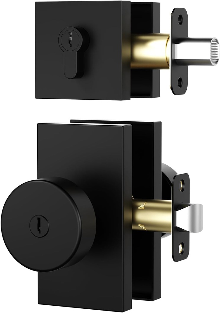 Matte Black Exterior Door Knob with Deadbolt Set - Heavy Duty Zinc Alloy Front Door Lock with Keyed Alike Entry, Square Design, Easy Installation, Fits 2-3/8" or 2-3/4" Backset (1 Pack)