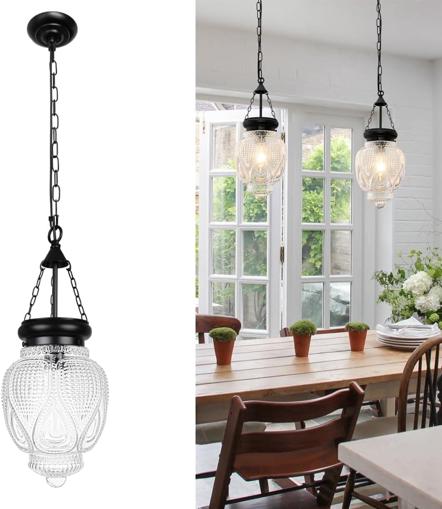 Vintage Pendant Lights Kitchen Island, Black Bathroom Pendant Light With 8in Glass Shade, Kitchen Pendant Lighting Over Sink, Farmhouse Kitchen Light For Closet Pantry Entryway, Height Adjustable