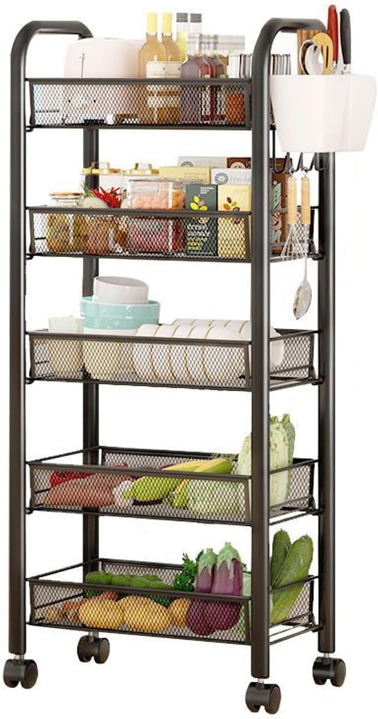 5 Tier Slim Fruit Basket for Kitchen with Detachable Tiers, Rolling Utility Cart, Metal Wire Fruit Vegetable Organizer Stand, Vegetable Basket Bins Rack with 6 Hooks &2 Side Rack
