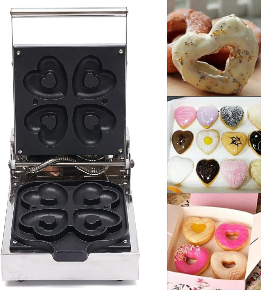 Commercial Non-Stick Waffle Donut Machine, 4pcs Mini Heart Donut Maker Baker Machine, Waffle Maker Machine for Making Delicious Foods (4pcs)