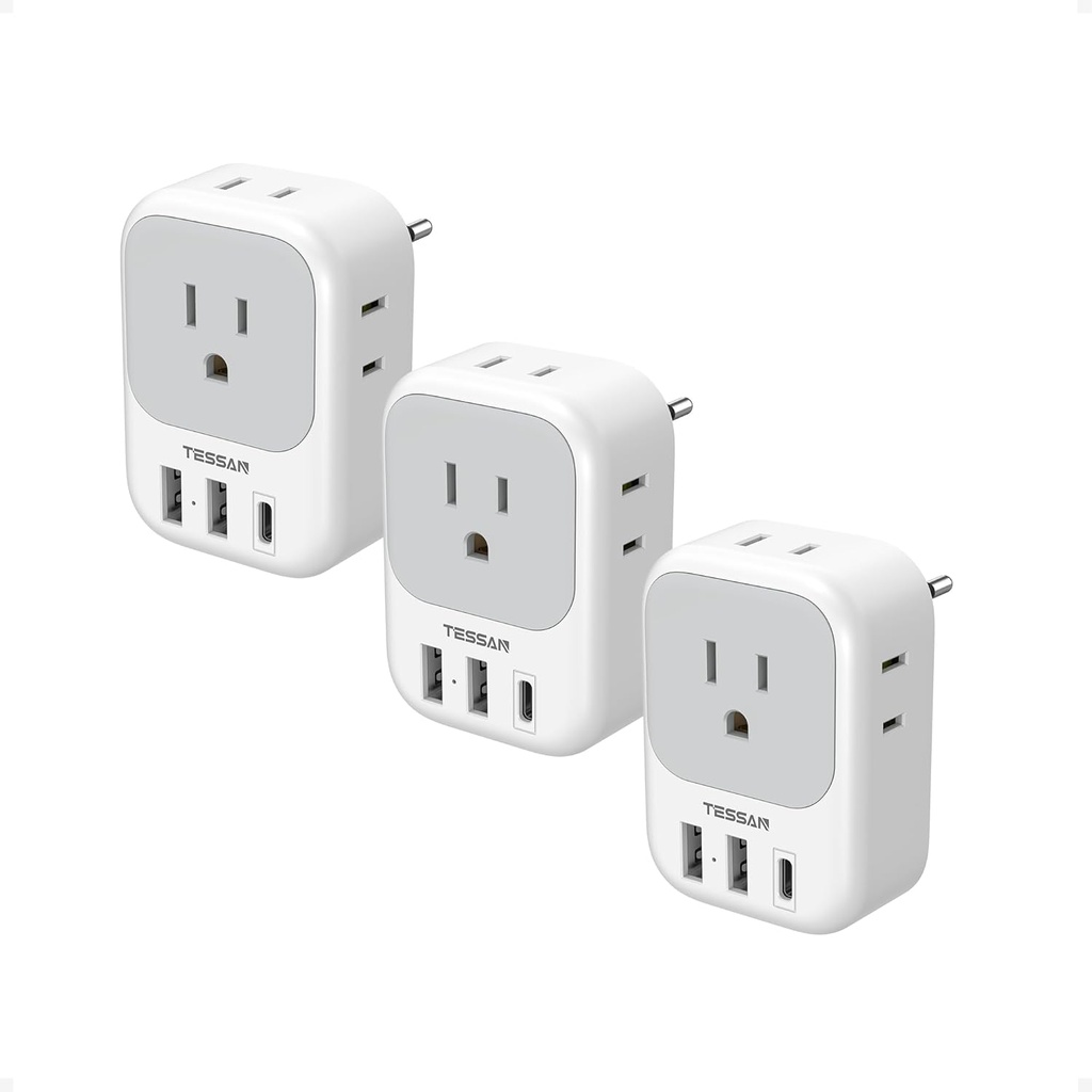 TESSAN European Travel Plug Adapter USB C 3 Pack, US to Europe Plug Adaptor with 4 AC Outlets 3 USB Charging Ports, Type C Power Adapter for USA to EU Euro Spain France Iceland Italy Germany Greece