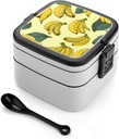 Banana Print Bento Box with Spoon, 2-layer Stackable Lunch Box Leak Proof with Invisible Handle, Insulated Food Storage for Office, Picnic & Travel