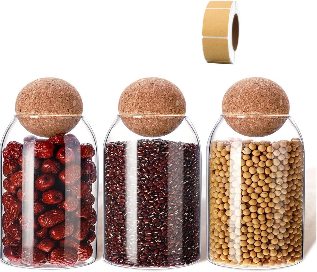 Glass Storage Jar with Ball Cork & Blank Label, 16 OZ/470 ML Small Glass Candy Container with Cork Lids, 3 Pack Salt Holder with Lid, Ball Jars, Decorative Jars, Sugar, Cute Jars for Coffee