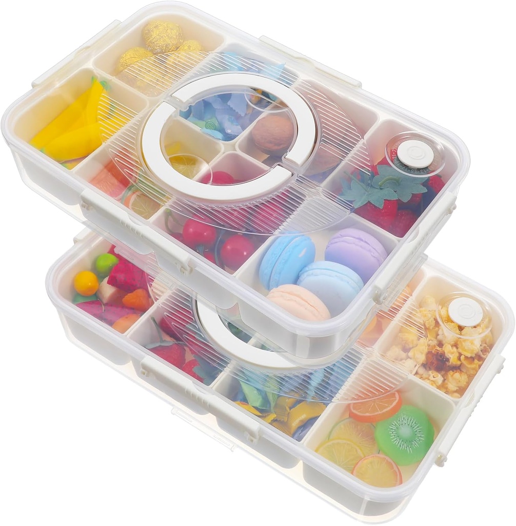 2 Pack Divided Snack Container with Lid & Handle, Dishwasher Safe 8 Compartment Snack Platters, Portable Snackle Box Container for Fruits, Candy, Nuts, Charcuterie, Picnic, Party & Travel