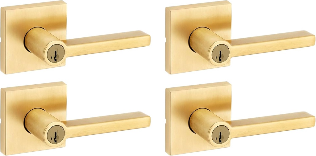 Kwikset Halifax Entry Door Handle with Lock and Key, Secure Keyed Reversible Lever Exterior, for Front Entrance and Bedrooms, Satin Brass, 4 Pack, Pick Resistant SmartKey Rekey Security