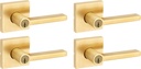 Kwikset Halifax Entry Door Handle with Lock and Key, Secure Keyed Reversible Lever Exterior, for Front Entrance and Bedrooms, Satin Brass, 4 Pack, Pick Resistant SmartKey Rekey Security