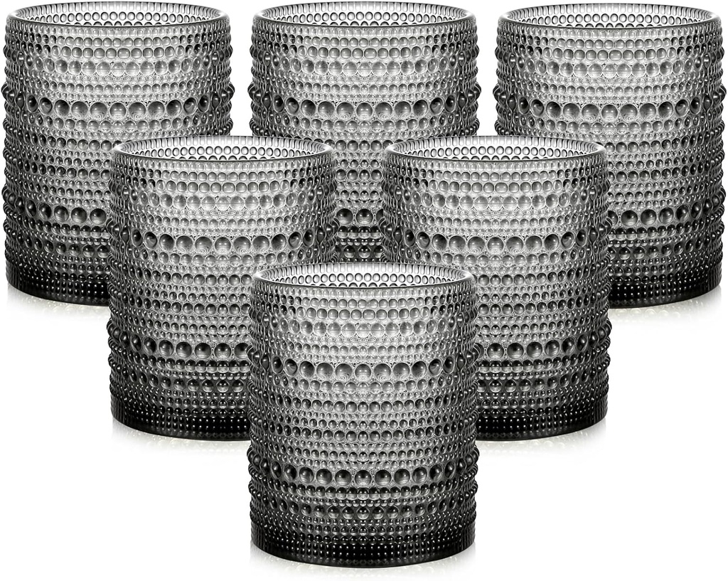 Vintage Glassware Drinking Glasses Set of 6,12 oz Hobnail Glass Cups,Embossed Grey Water Tumbler,for Beer,Cocktail,Whiskey,Juice and Various Mixed Drinks- 1 Cleaning Brush