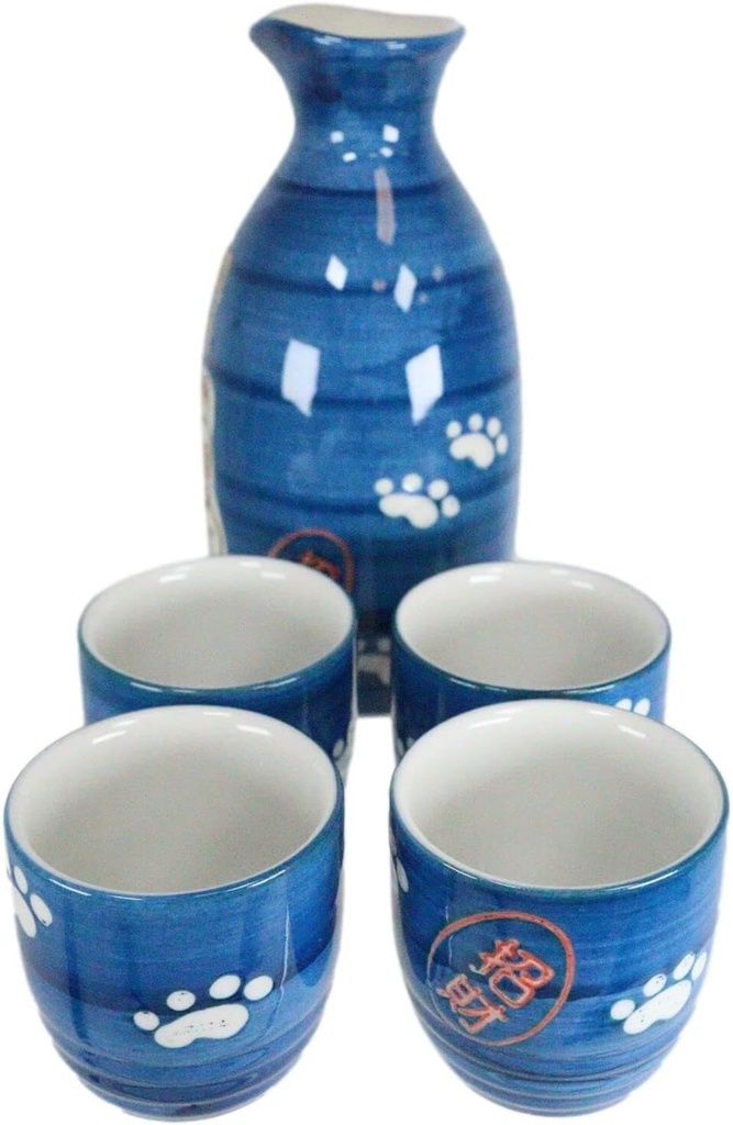 Set Of 1 Japanese Charm Cat Ceramic Blue Sake Set Flask With Four Cups