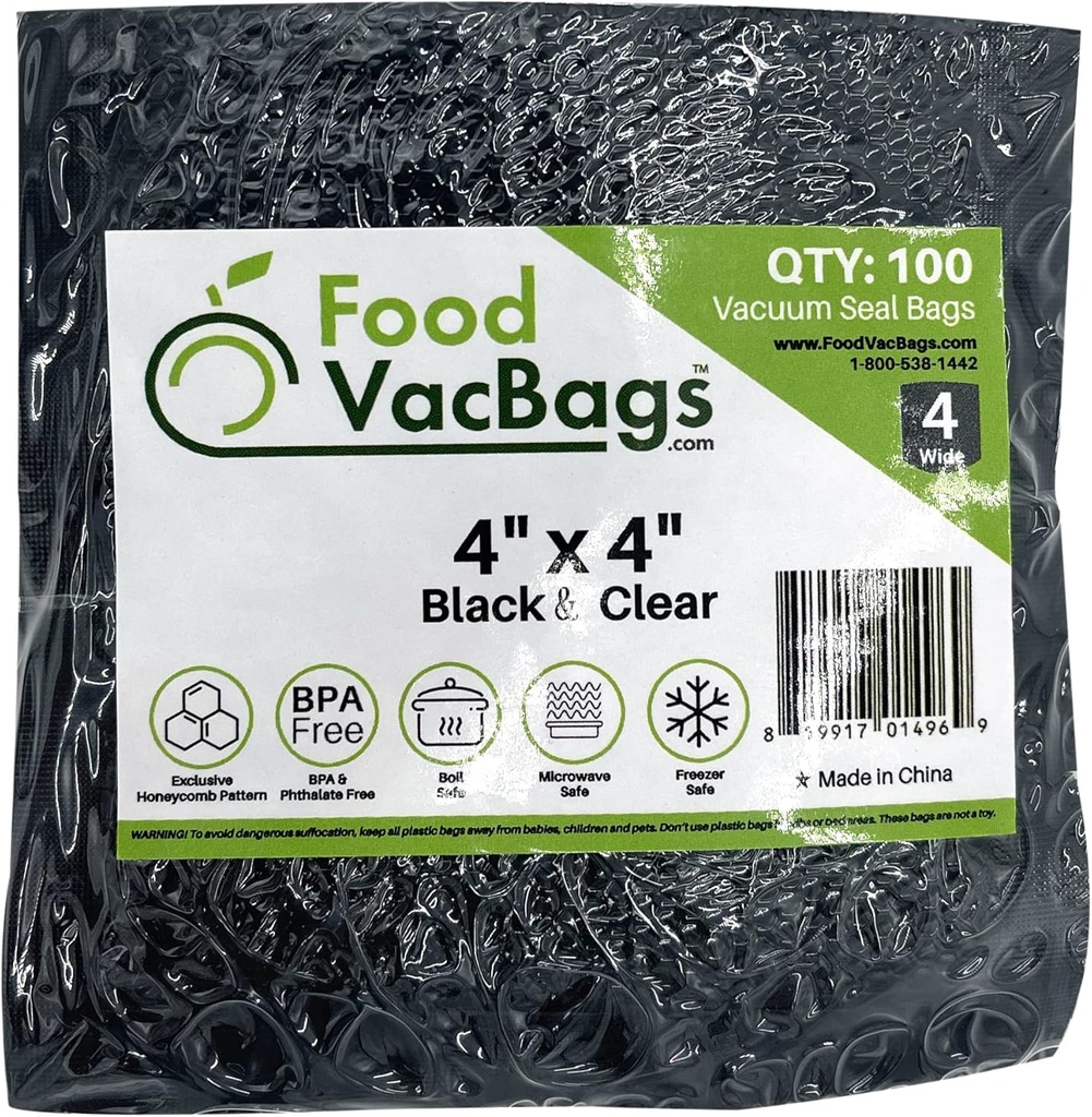 FoodVacBags 4" X 4" Black Back Clear Front Embossed Vacuum Sealer Bags Pouches (100 count)