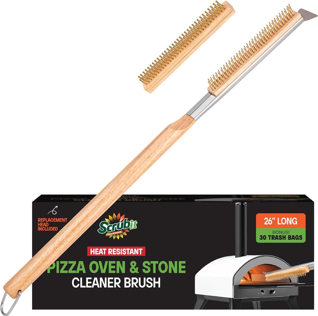 SCRUBIT 26" Pizza Oven Brush with Scraper, Heat Resistant - Stainless-Steel 2-in-1 Pizza Stone Brush with Pizza Stone Cleaner, Includes 2 Brush Heads and 30 Waste Bags - Works with Ooni Pizza Oven