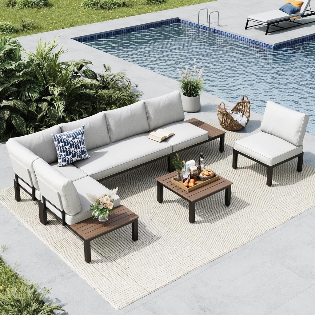 MFSTUDIO 6 Pieces Patio Furniture Set, Outdoor Sectional Metal Frame Patio Conversation Set, Modular Outdoor Couch with Coffee Table&Removable Cushion for Backyard, Garden