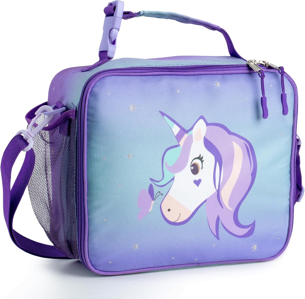Kazulo Purlple Unicorn Lunch Bag, Girl Lunch Bag, Kids Insulated Lunch Box with Bottle Holder and Shoulder Strap, Unicorn Lunch Box for girls,Girls lunch Box (Purple Unicorn)
