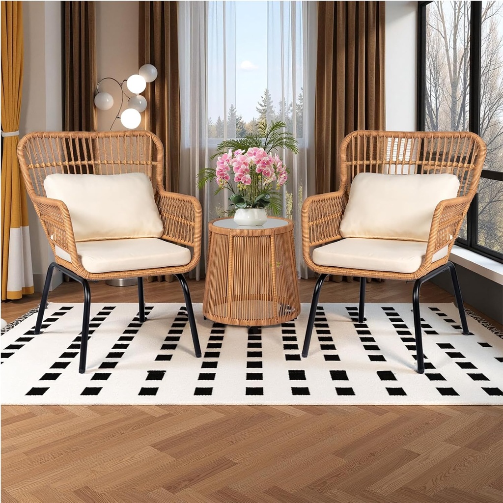 3 Piece Outdoor Wicker Bistro Set, Patio Conversation Sets w/2 Large Rattan Chairs and Tempered Glass Table, Patio Furniture for Balcony, Porch, Poolside, Backyard, Beige