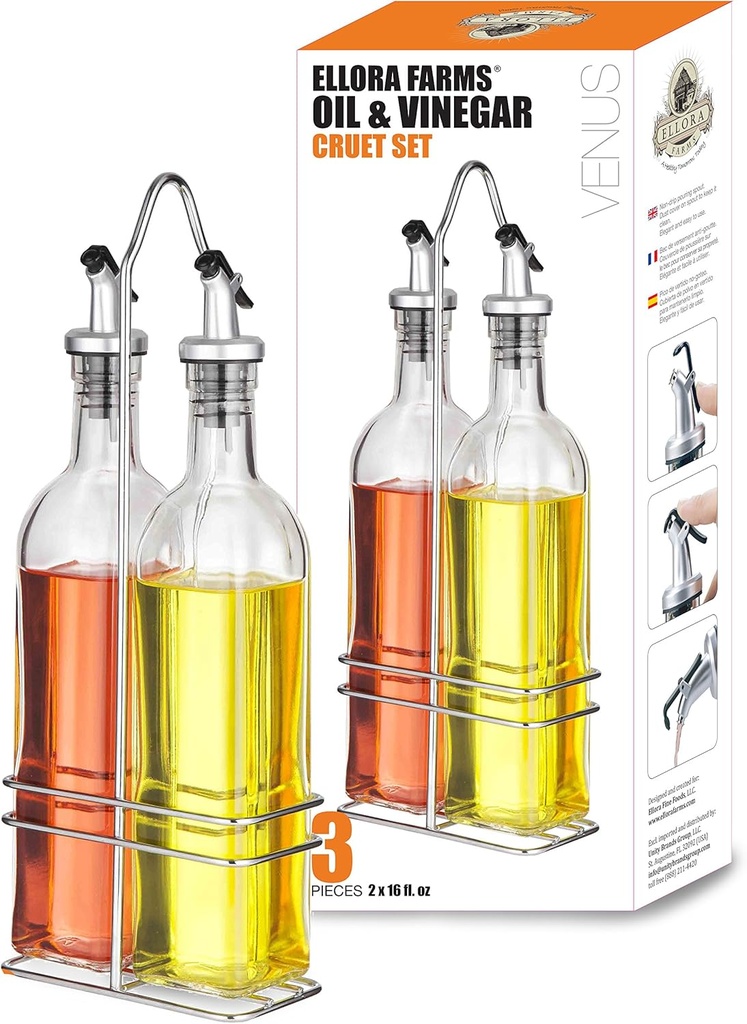 Ellora Farms, Venus Glass Cruet Set, steel caddy included, suitable for oil and vinegar, dressing, syrup, Large 17 Oz (500 ml) Bottles
