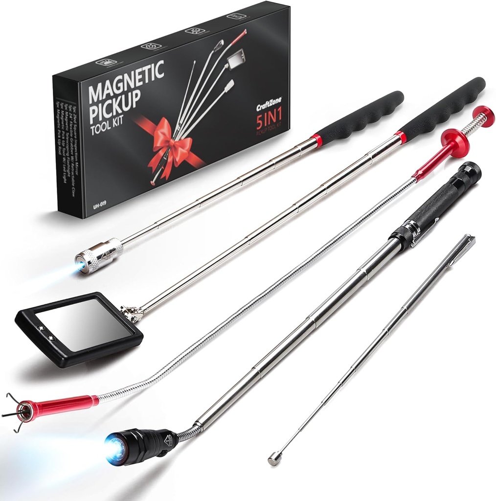 Telescoping Magnetic Pickup Tool Set, Inspection Mirrors and Four Claw Grabber Tool, Flexible LED Flashlight, Magnet Stick, Cool Gadgets for Men, Gifts for Dad, Husband