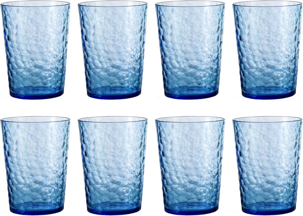 14-ounce Plastic Tumblers, Acrylic Drinking Glasses High-Balls, set of 8 Blue Reusable Plastic Cups, Hammered Style Stackable, BPA-Free, Shatter-Proof, Dishwasher-Safe
