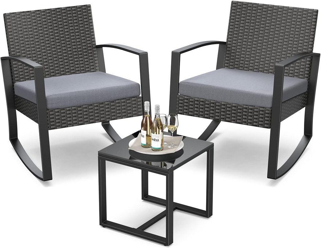 3 Pieces Outdoor Patio Furniture Set Rocking Bistro Set Outdoor Rattan Conversation with Coffee Table for Garden Balcony Backyard Poolside (Grey Cushion)