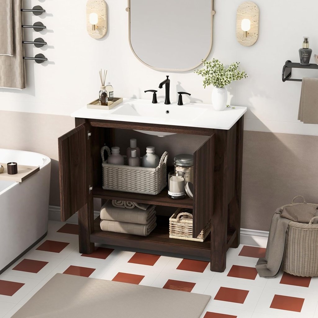 30" Bathroom Vanity with Single Sink, Solid Wood Frame Bathroom Modern Vintage Vanities Cabinet with 2 Soft-Close Doors, Bath Vanity for Adjustable Storage Shelf (Brown)