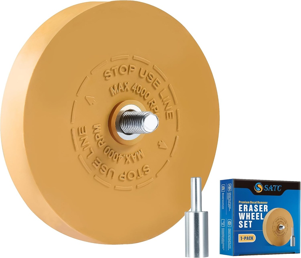 S SATC Decal Eraser Wheel Pin Stripe Removal Tool 1 Pack - Black Rubber Wheel with Adapter with Electric Drill - Removes Vinyl, Decals, Graphics & Double Faced Tape