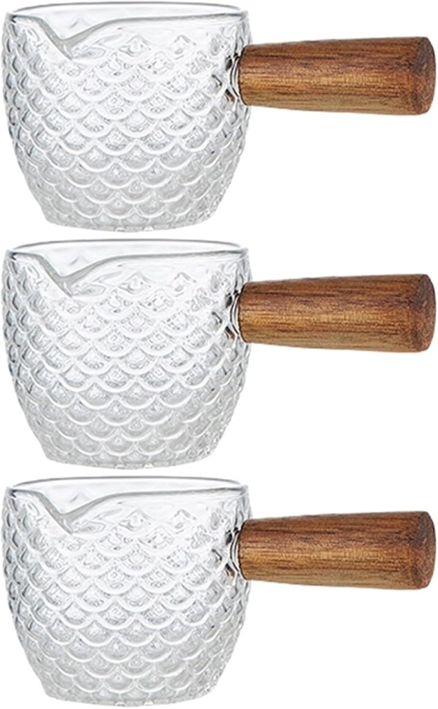 Cabilock 3pcs Glass Milk Pitcher with Wooden Handle, 6 Oz Small Glass Creamer Pitcher Set, Transparent Creamer for Coffee, Tea, Syrup, Salad Dressing