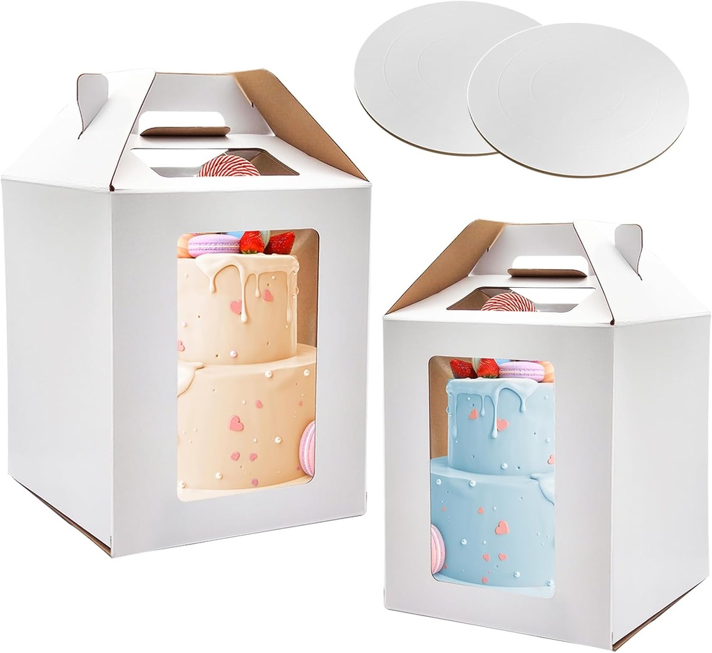 KBG Tall Cake Boxes with Window, Tiered Cake Boxes 10x10x12 & 12x12x14 Inch, Cake Carrier with 2 Cake Boards, Disposable Containers for 10 & 12 Inch