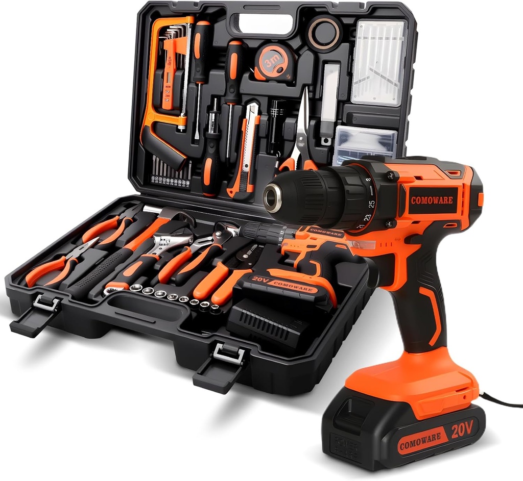 COMOWARE Household Tool Set with 20V Cordless Drill Driver, 120Pcs Hand Tool Kit for Men, Power Drill Set with Plastic Toolbox, Ideal for Office, Garden, DIY Project