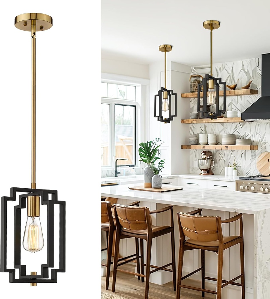 Emliviar Industrial Pendant Light, 1-Light Kitchen Hanging Light Fixture Adjustable, Black and Gold Finish, JE1981M1L BK+G