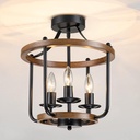 Farmhouse Semi Flush Mount Ceiling Light Fixtures, Industrial Rustic Ceiling Lamp Metal Cage Hallway Light Fixtures(3-Light Wood Finish)