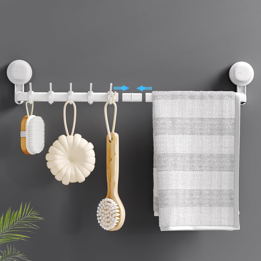LUXEAR Suction Cup Towel Bar, 24 inches Adjustable Towel Rack Holder, No Drill & Removable Bathroom Towel Holder with 5 Sliding Hooks, Wall Mounted Towel Hanger for Shower Room, Kitchen, Door - White