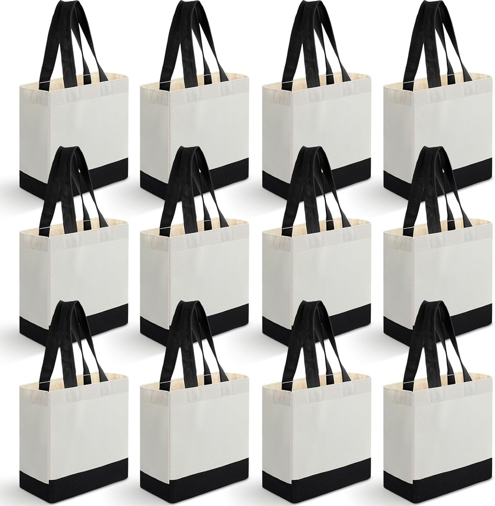 Sanwuta 12 Pack Mini Canvas Tote Bag Small Sublimation Blank Canvas Bags Reusable Tote for Christmas Crafts DIY Party Gifts (8'' X 10'' X 4'',Beige-black)