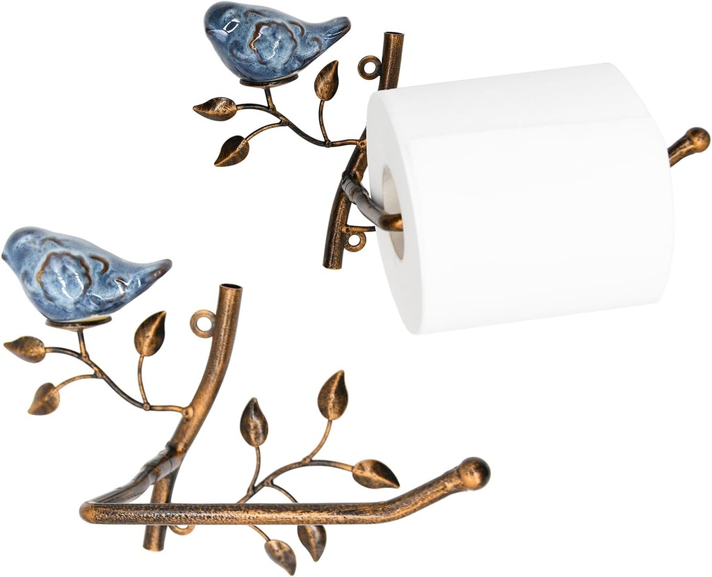 Owlgift Set of 2 Wall Mounted Metal Toilet Tissue Holder w/Ceramic Bird, Roll Organizer for Bathroom - Bronze