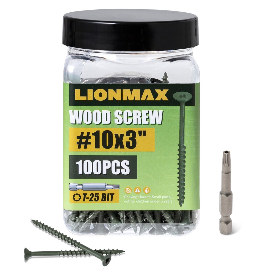 LIONMAX Deck Screws 3 Inch, Wood Screws #10 x 3, 100 PCS, Rust Resistant, Exterior Epoxy Coated, Outdoor Decking Screws, Torx/Star Drive Head Screw, T25 Star Bit Included, Green