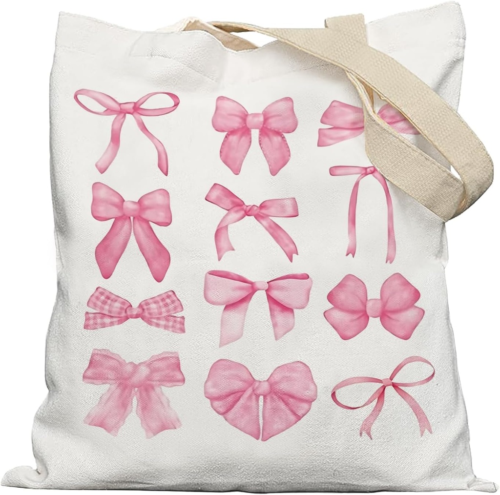 Coquette Pink Bows Trendy Preppy Canvas Tote Bag Aesthetic, Preppy Trendy Gifts for Women, Reusable Grocery Bags